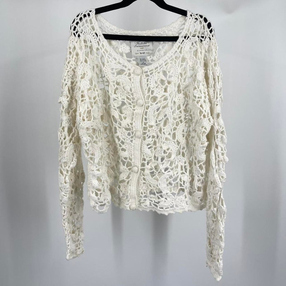 Vintage 90s Hand Knit Boho Cardigan Crotchet Coastal Cottagecore Floral Medium